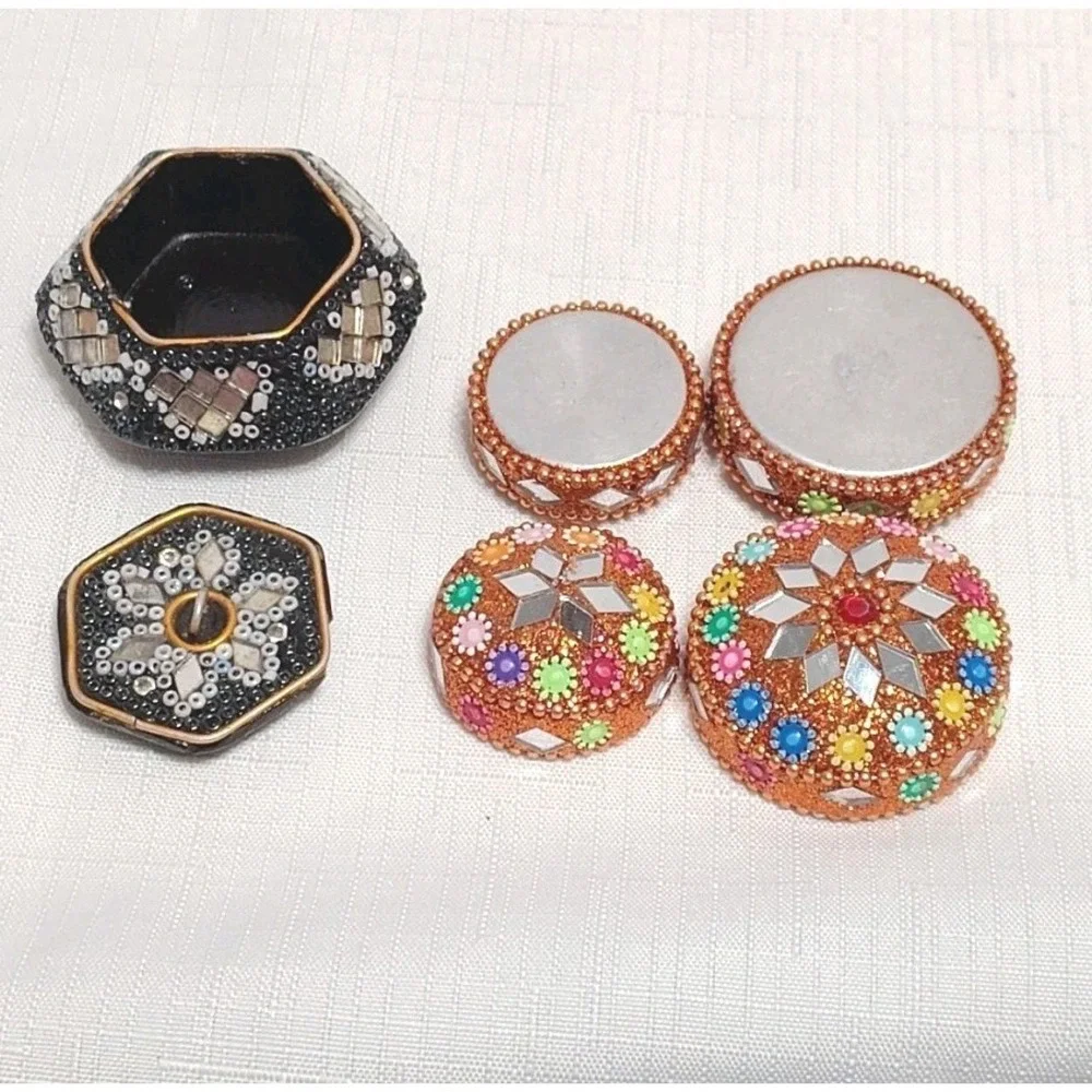 Hand Made Mosaic Beaded Bejeweled Tin And Wood Jewelry Trinket Boxes Lot Of 3
